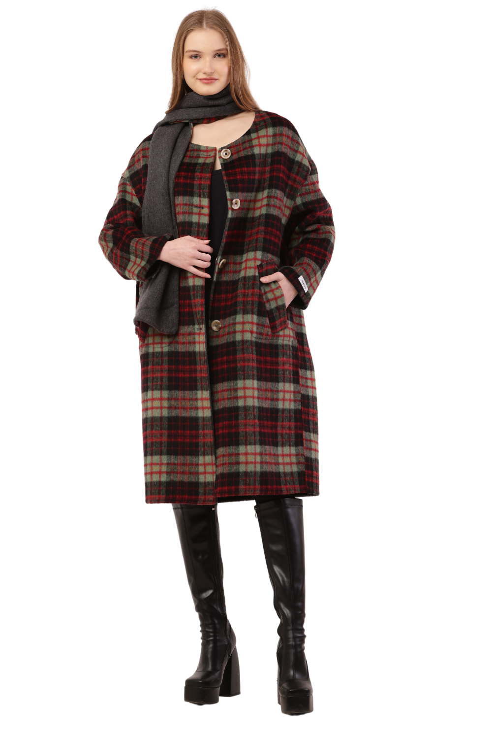 Plaid Woolen Long Coat with Scarf