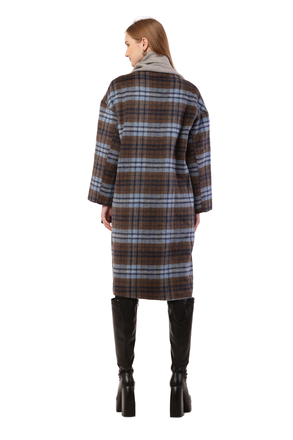 Plaid Woolen Long Coat with Scarf