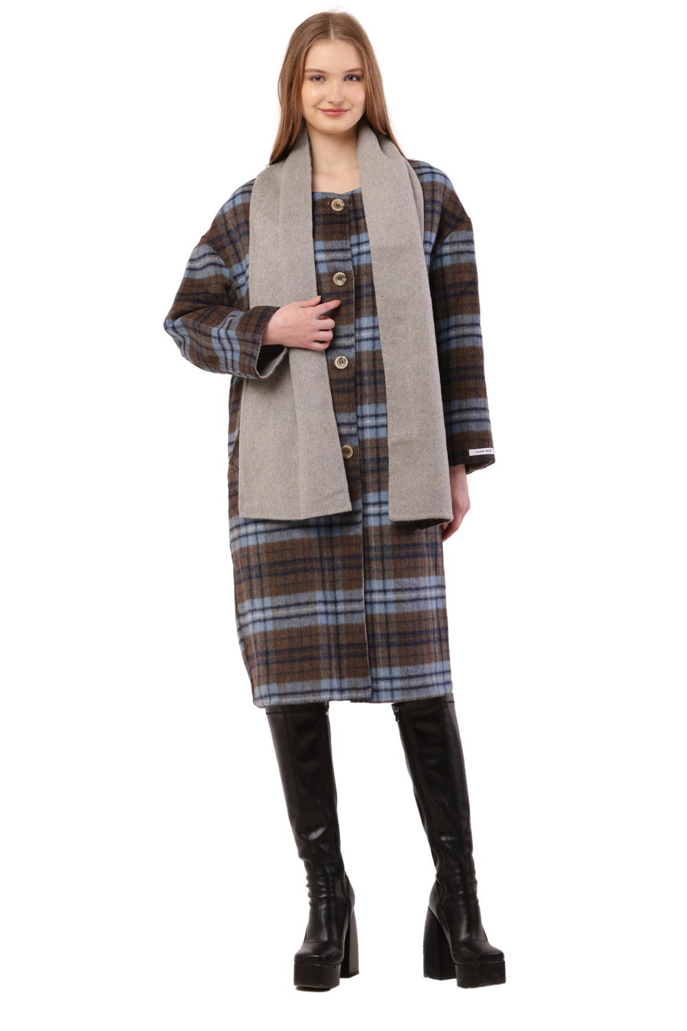 Plaid Woolen Long Coat with Scarf