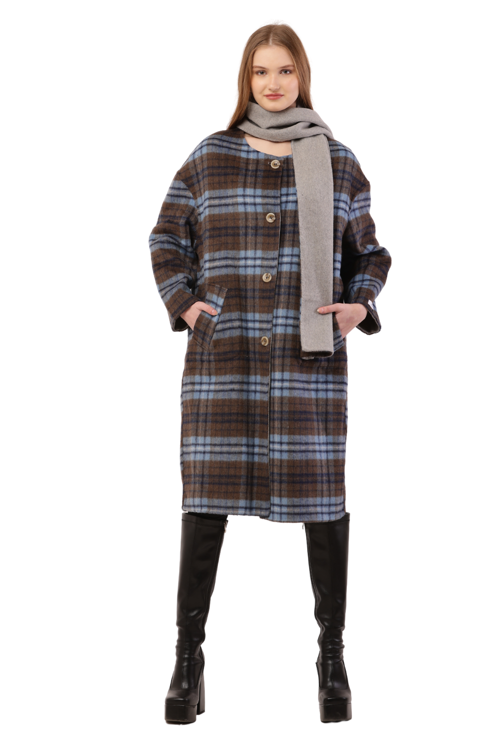 Plaid Woolen Long Coat with Scarf