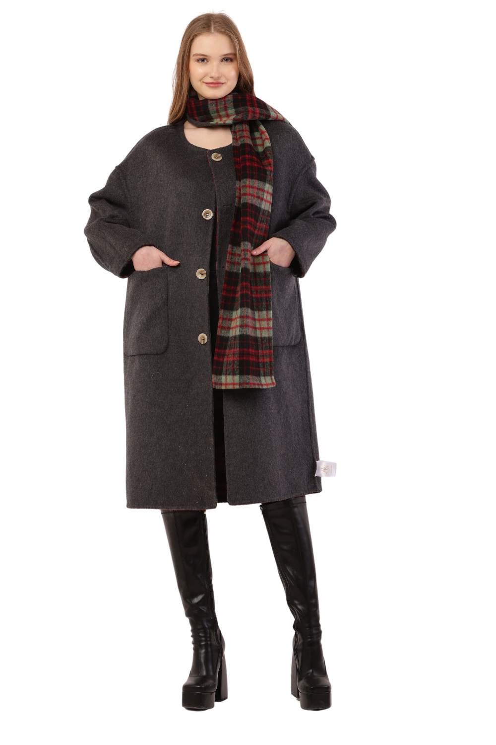 Plaid Woolen Long Coat with Scarf
