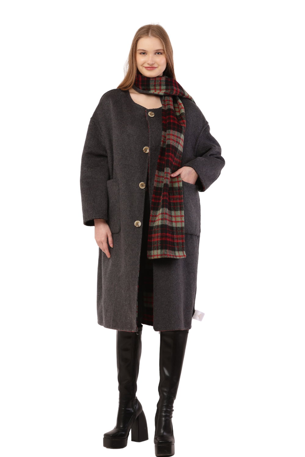 Plaid Woolen Long Coat with Scarf