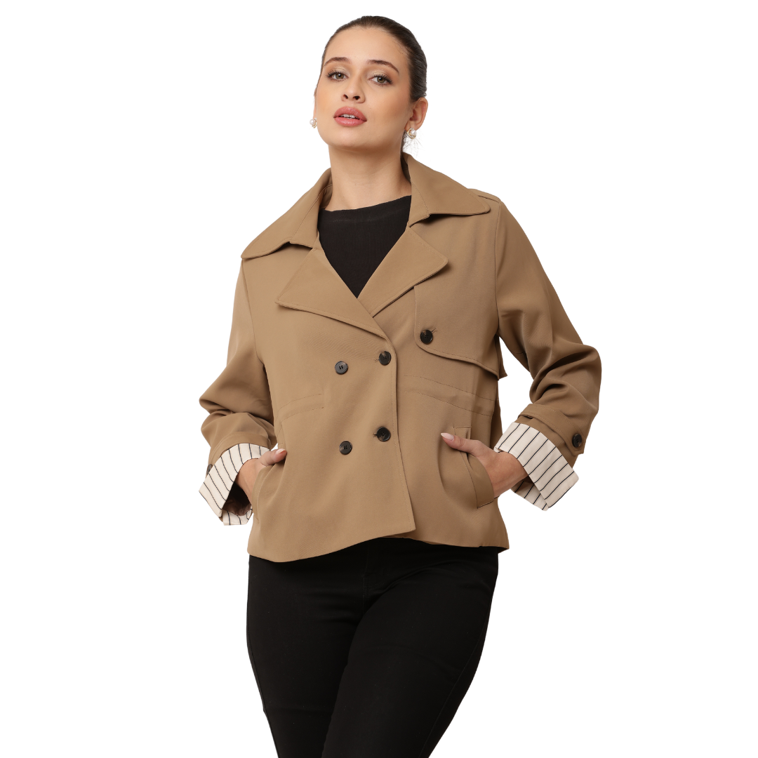 Korean-Style Double breasted Short Blazer with Striped cuffs- Trending Women's Fashion