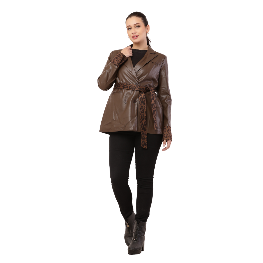 Women's Faux Leather Blazer with Leopard Print Belt and Cuff Accents