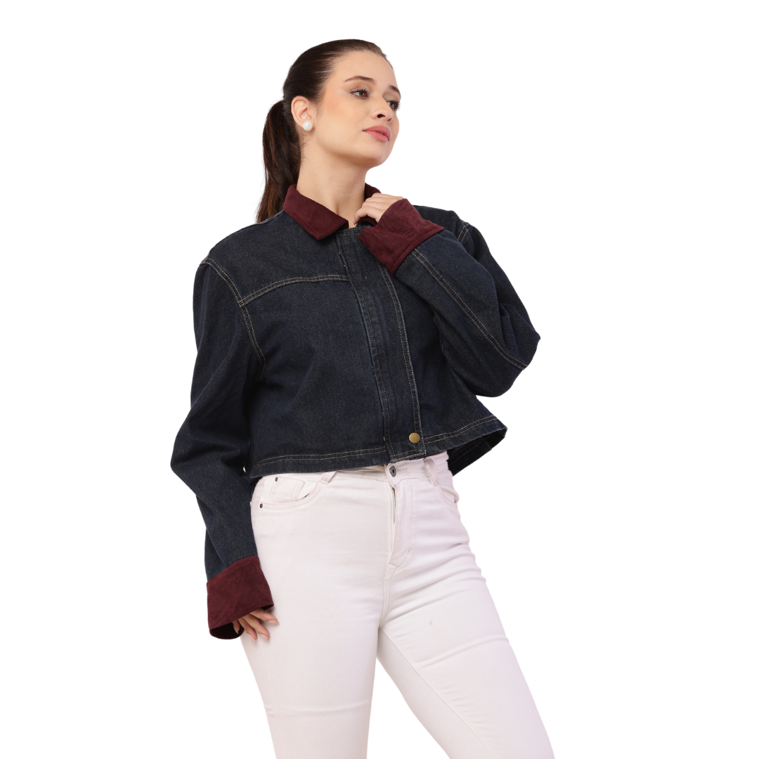 Korean-Style Blue Denim Jacket with Maroon Sleeves for women