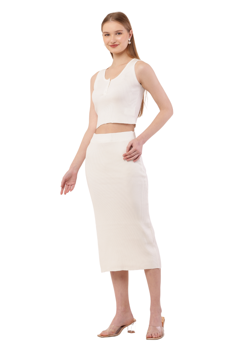 Ribbed Brown Co-Ord Set for Women - Crop Top & Midi Skirt