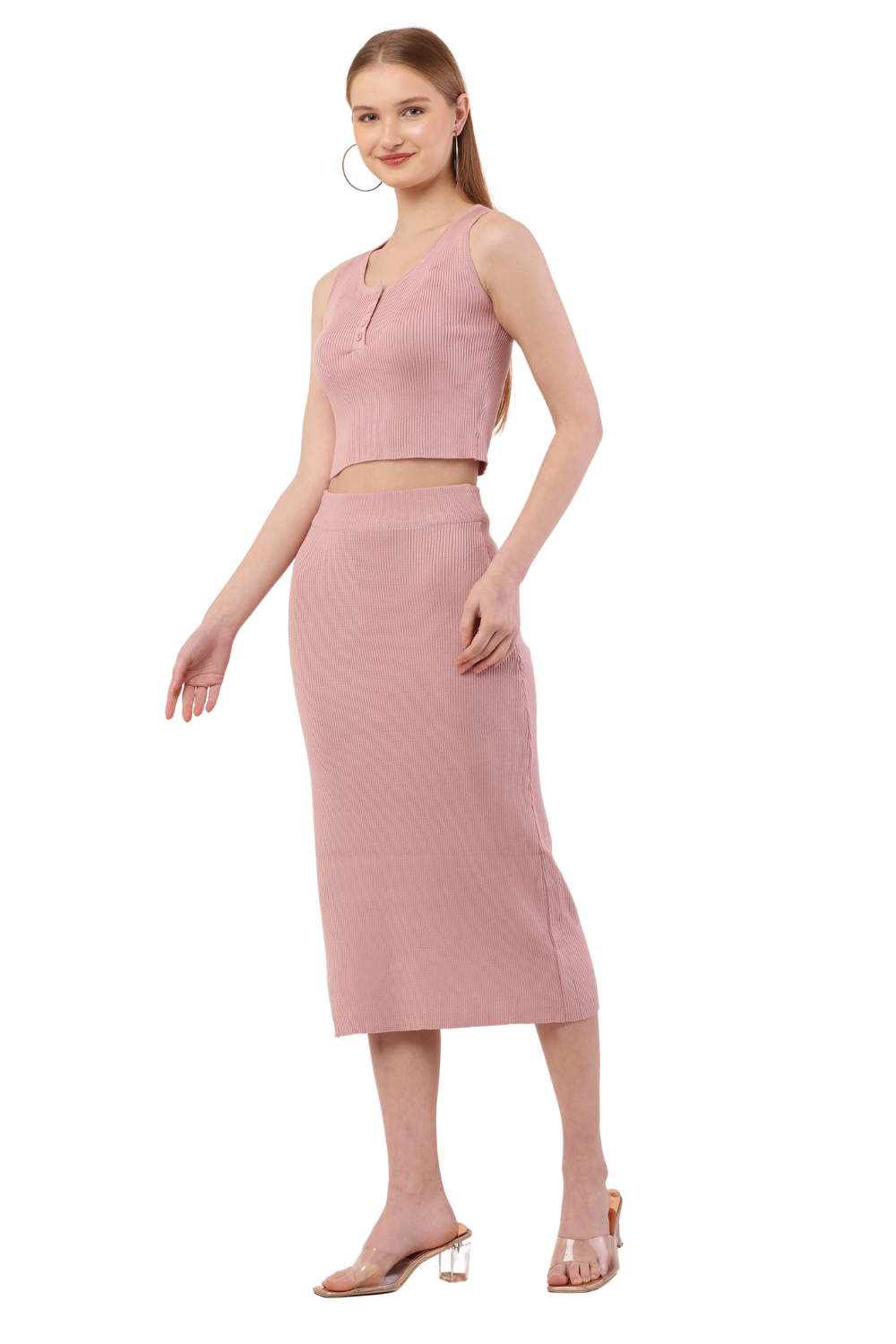 Ribbed Brown Co-Ord Set for Women - Crop Top & Midi Skirt