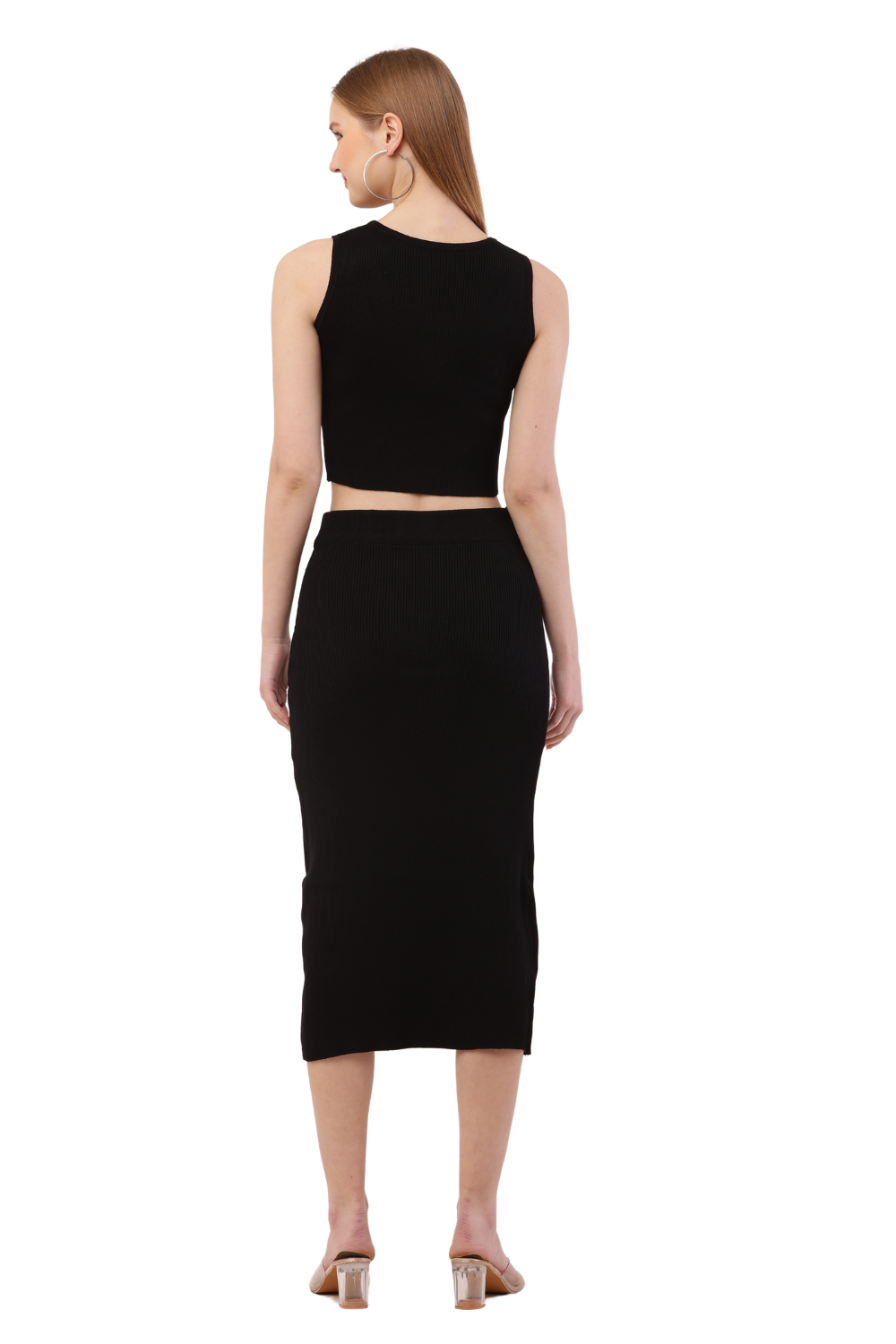 Ribbed Brown Co-Ord Set for Women - Crop Top & Midi Skirt