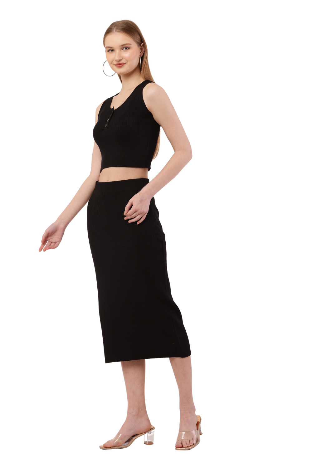 Ribbed Brown Co-Ord Set for Women - Crop Top & Midi Skirt