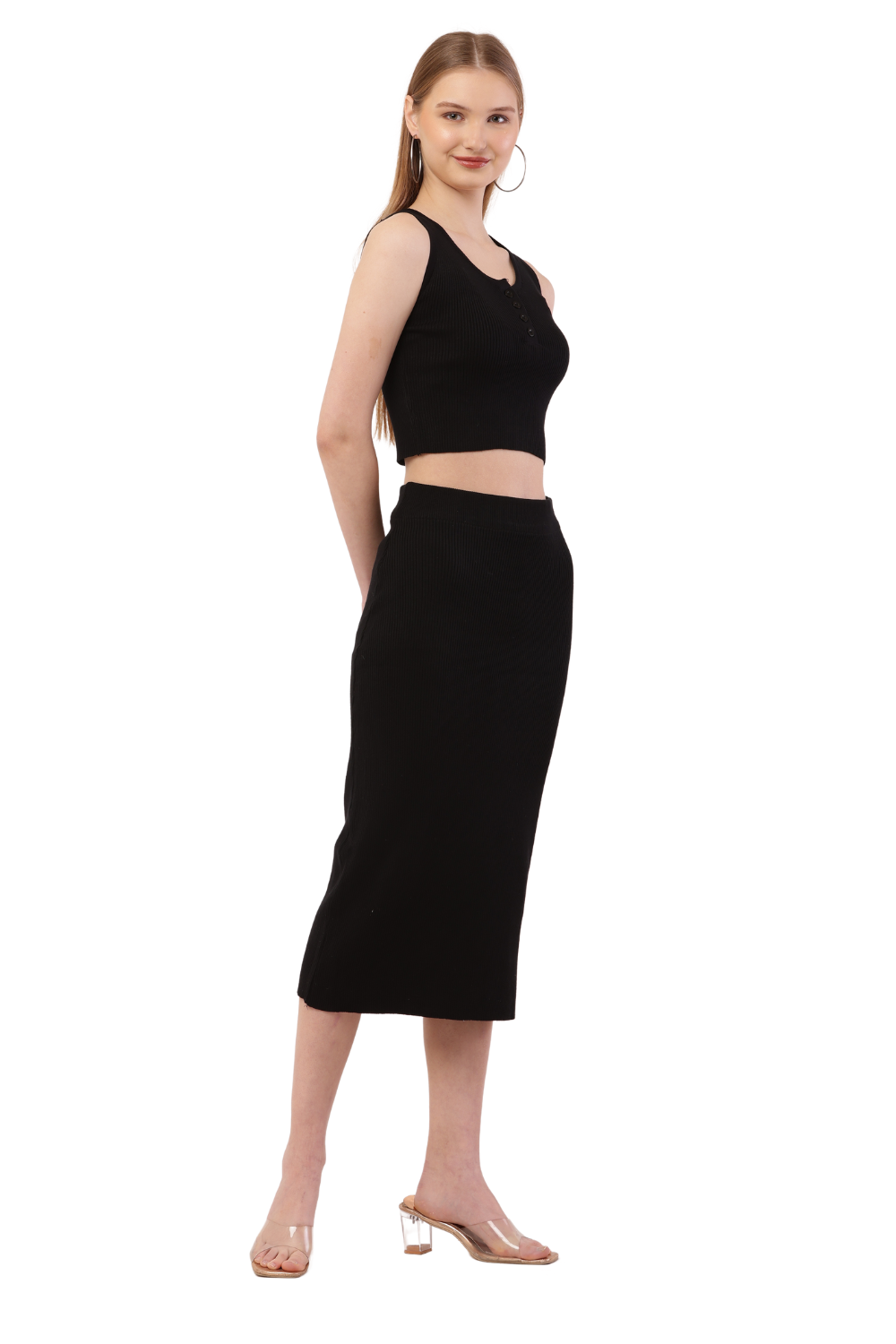 Ribbed Brown Co-Ord Set for Women - Crop Top & Midi Skirt