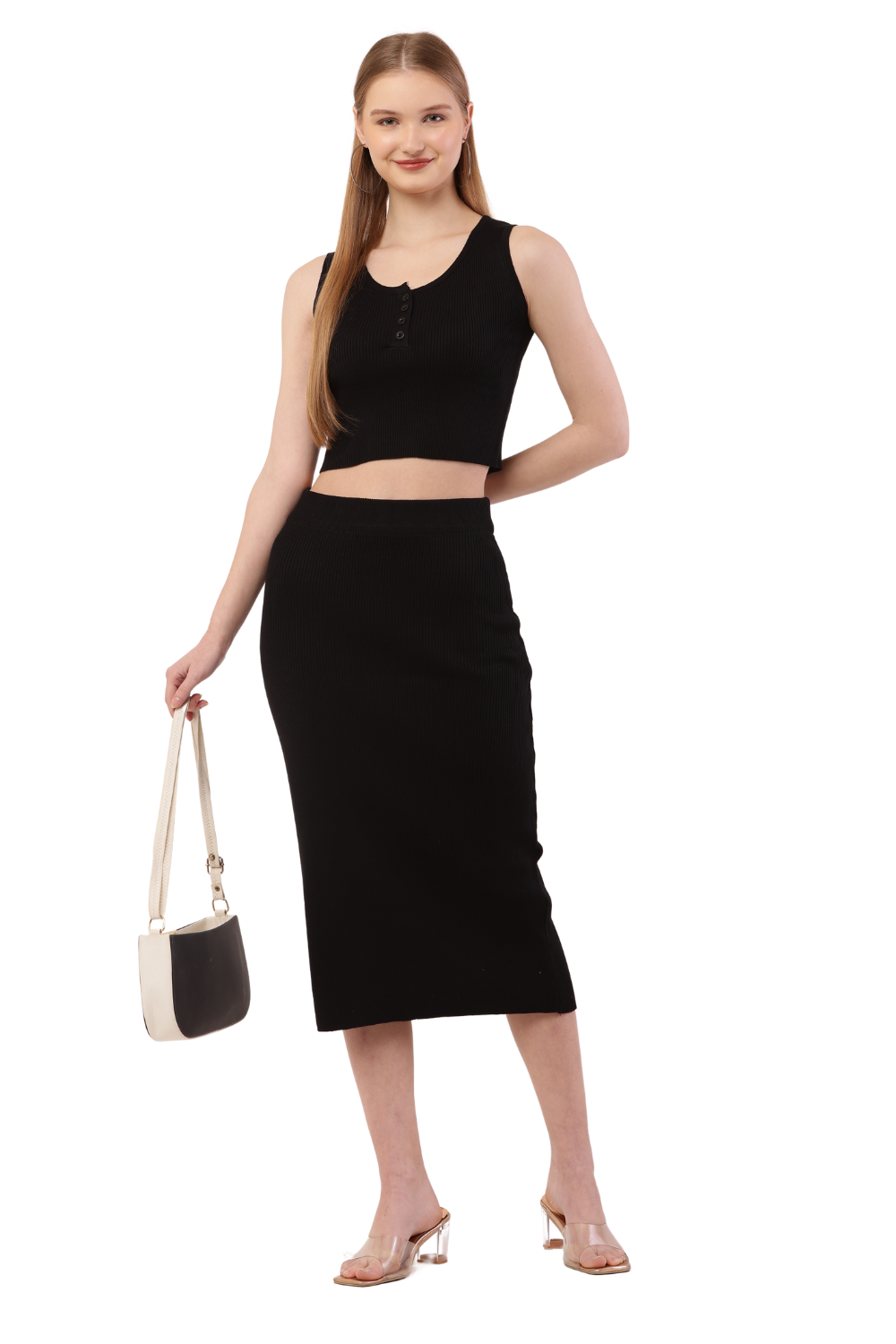 Ribbed Brown Co-Ord Set for Women - Crop Top & Midi Skirt