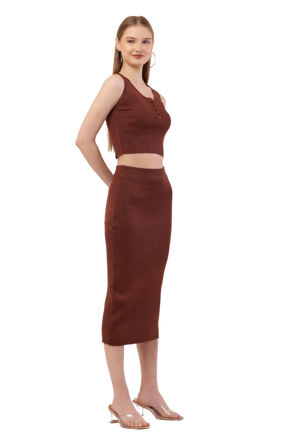 Ribbed Brown Co-Ord Set for Women - Crop Top & Midi Skirt