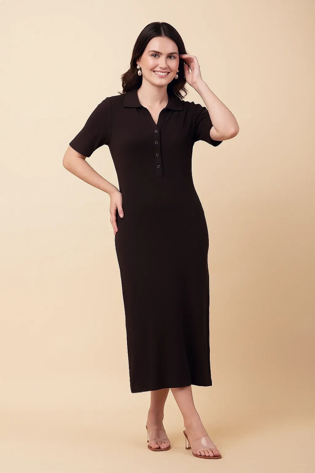 Korean Bodycon Ribbed Polo Midi Dress Free Size – Korean Fashion Style