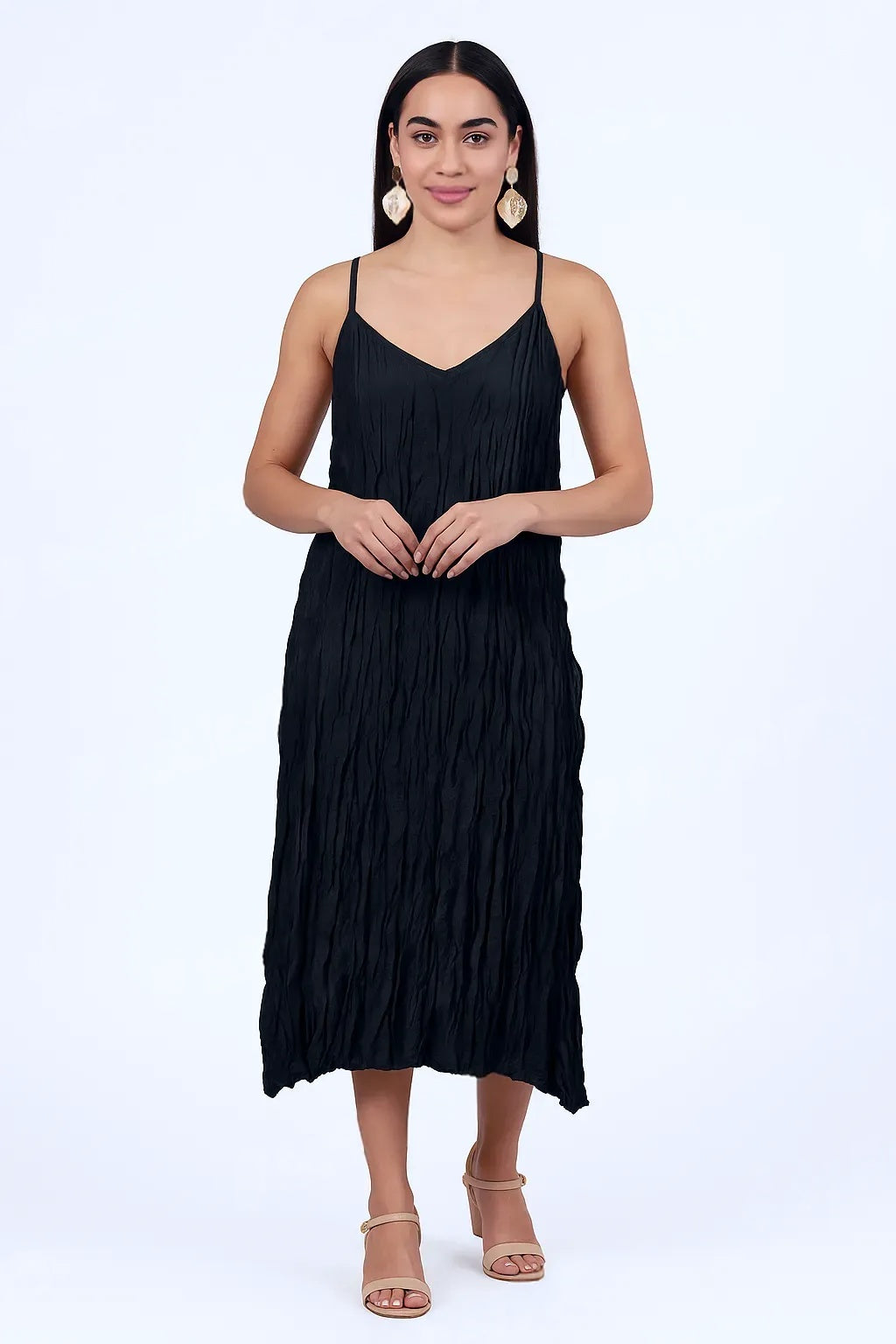 Korean Fashion Crinkled Spaghetti Strap Midi Dress Free Size – Teal | Korean Clothes