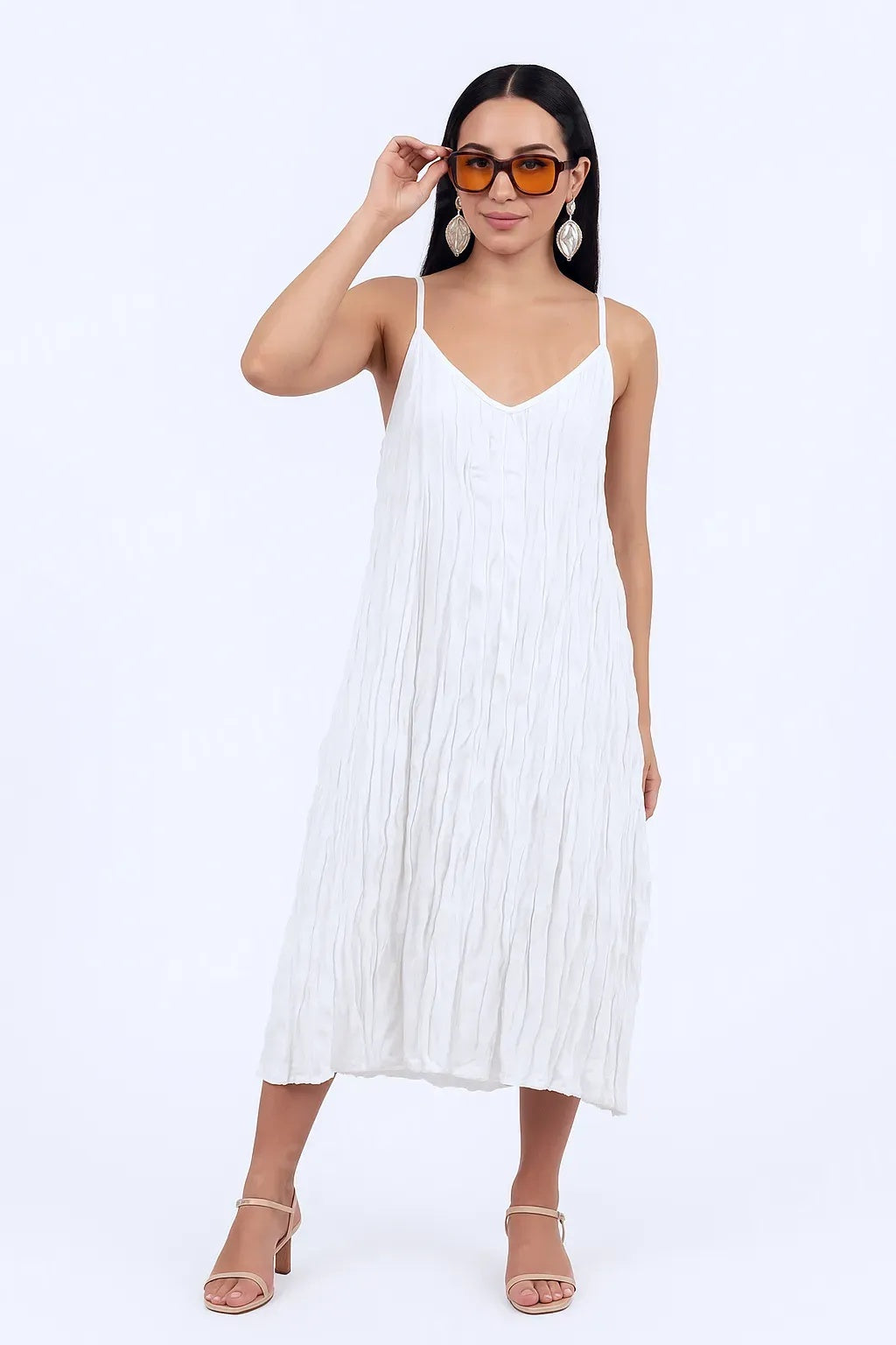 Korean Fashion Crinkled Spaghetti Strap Midi Dress Free Size – Teal | Korean Clothes