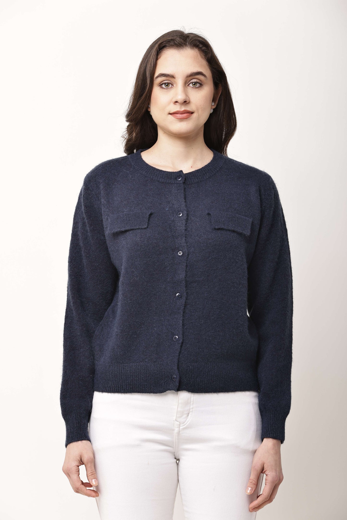 Navy Blue Button-Down Knit Cardigan for Women | Winter Wear