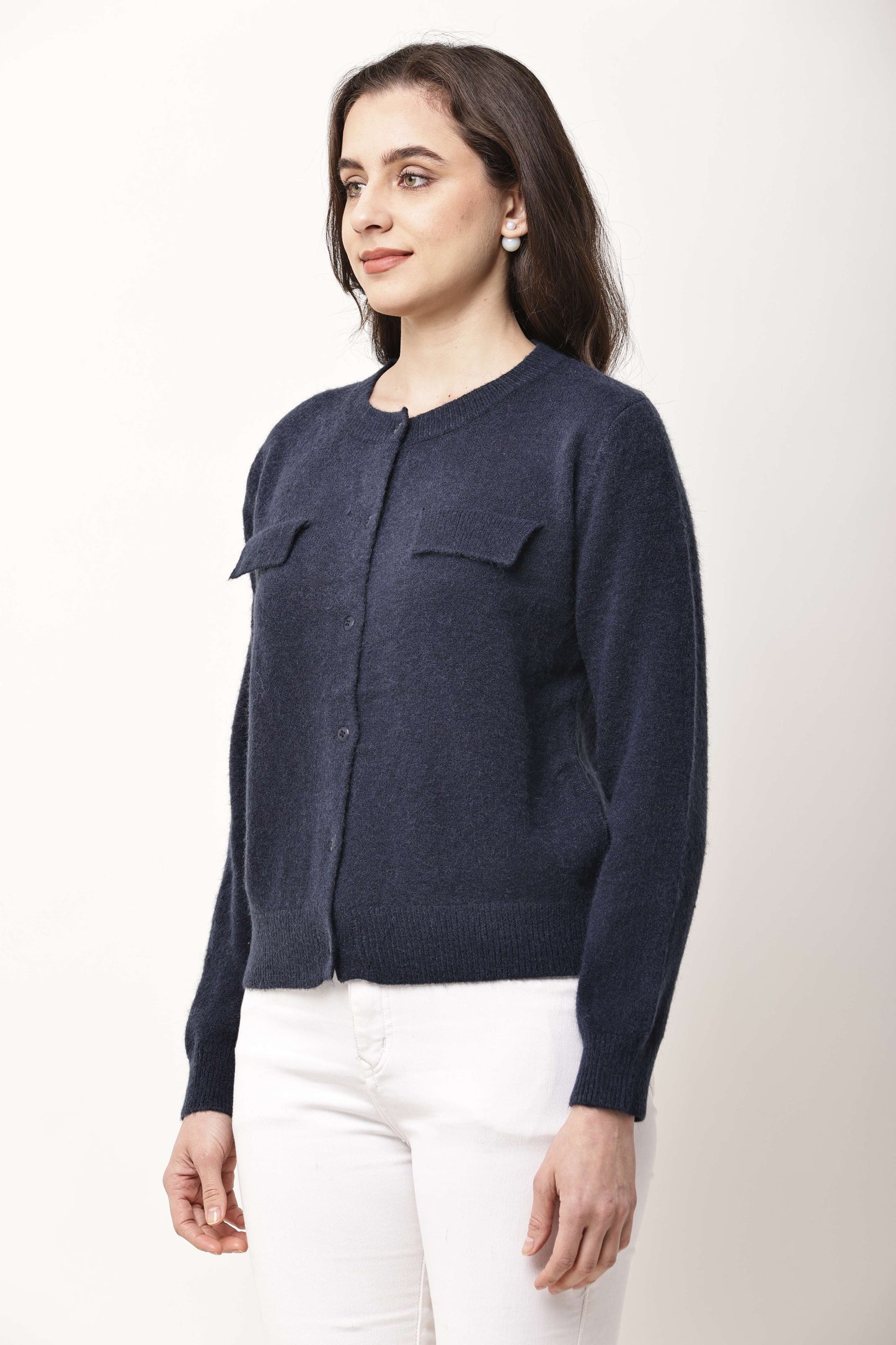 Navy Blue Button-Down Knit Cardigan for Women | Winter Wear
