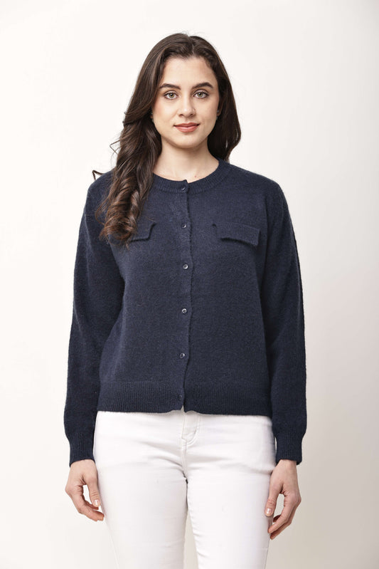 Navy Blue Button-Down Knit Cardigan for Women | Winter Wear