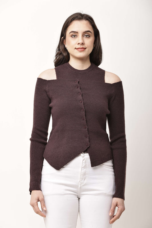 Korean Asymmetric Button Knit Two-Piece Set for Women | Cold Shoulder Top & Inner Layer