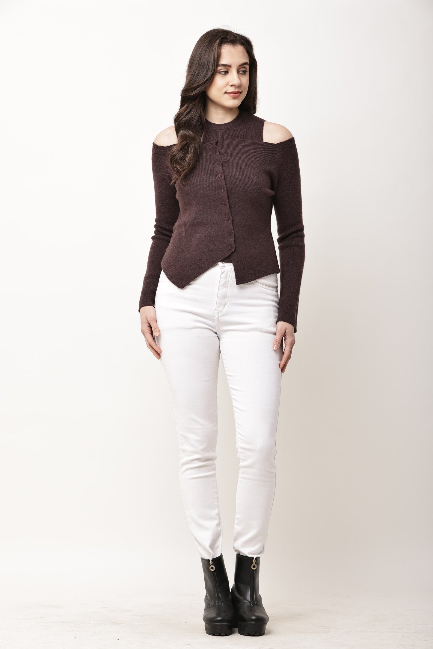 Korean Asymmetric Button Knit Two-Piece Set for Women | Cold Shoulder Top & Inner Layer