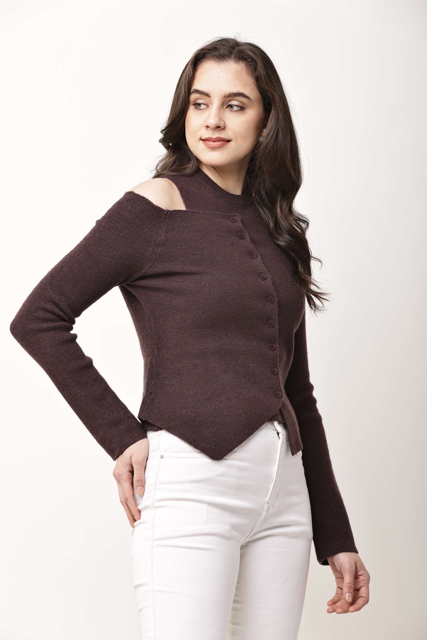 Korean Asymmetric Button Knit Two-Piece Set for Women | Cold Shoulder Top & Inner Layer
