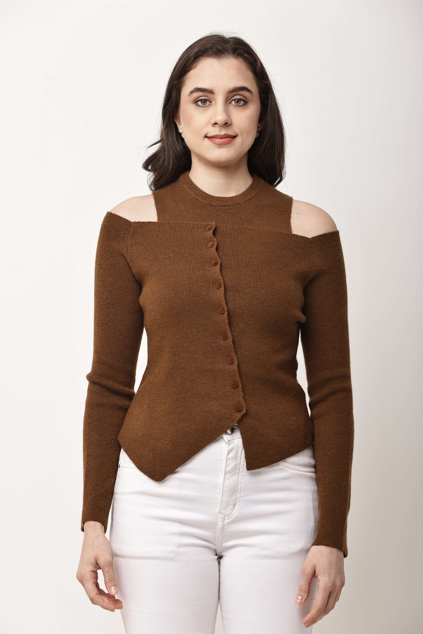 Korean Asymmetric Button Knit Two-Piece Set for Women | Cold Shoulder Top & Inner Layer