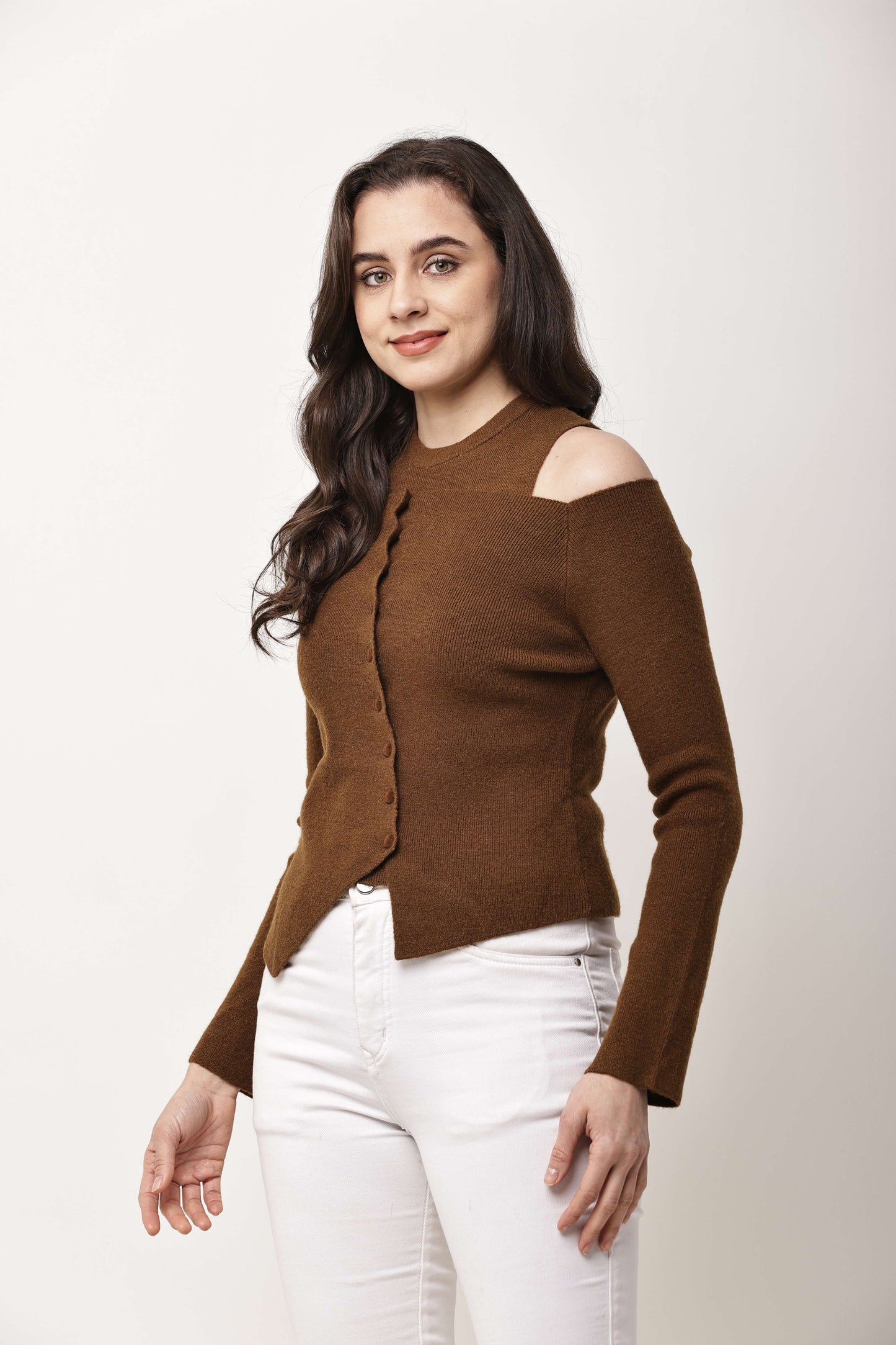 Korean Asymmetric Button Knit Two-Piece Set for Women | Cold Shoulder Top & Inner Layer
