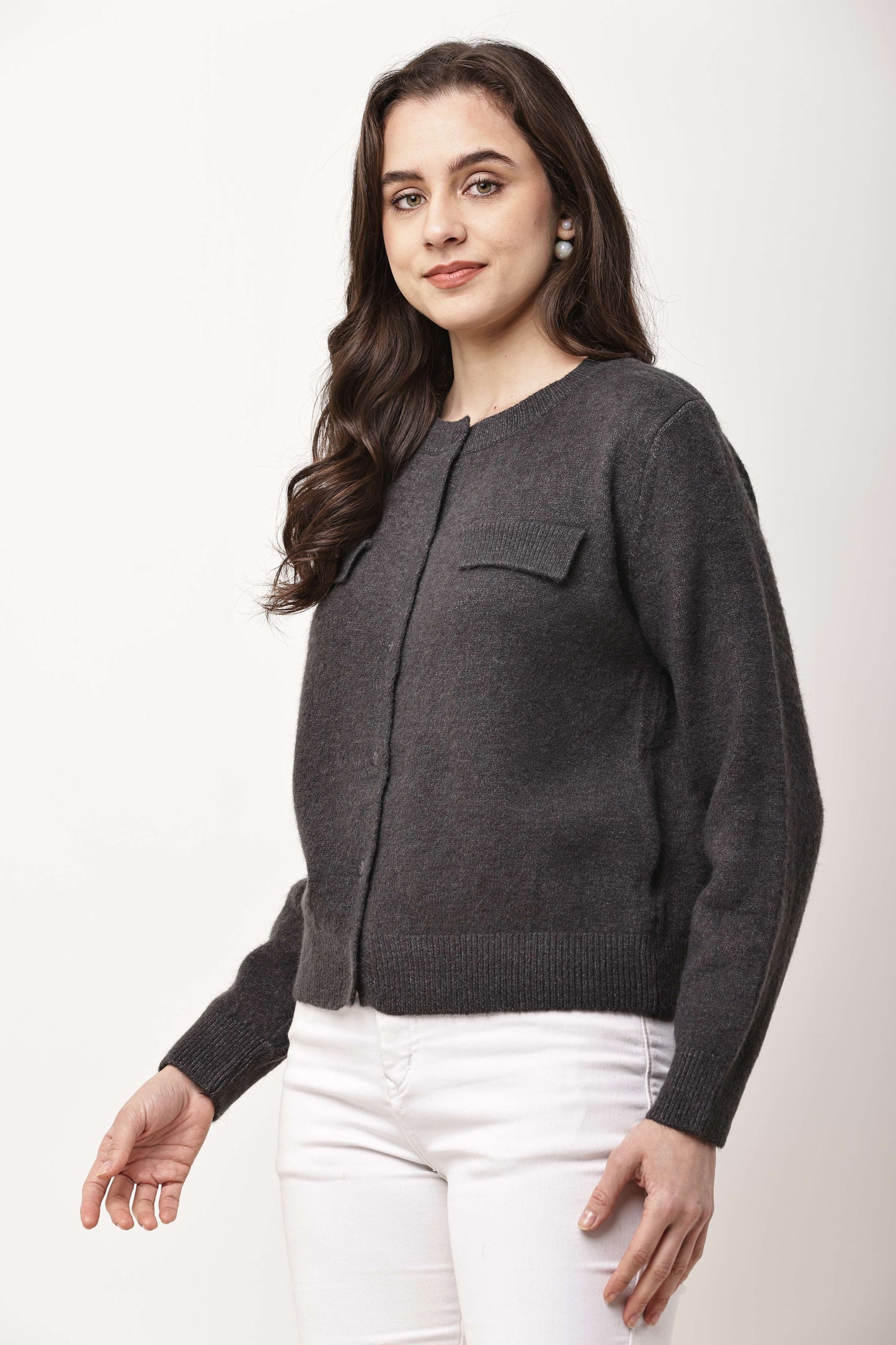 Navy Blue Button-Down Knit Cardigan for Women | Winter Wear