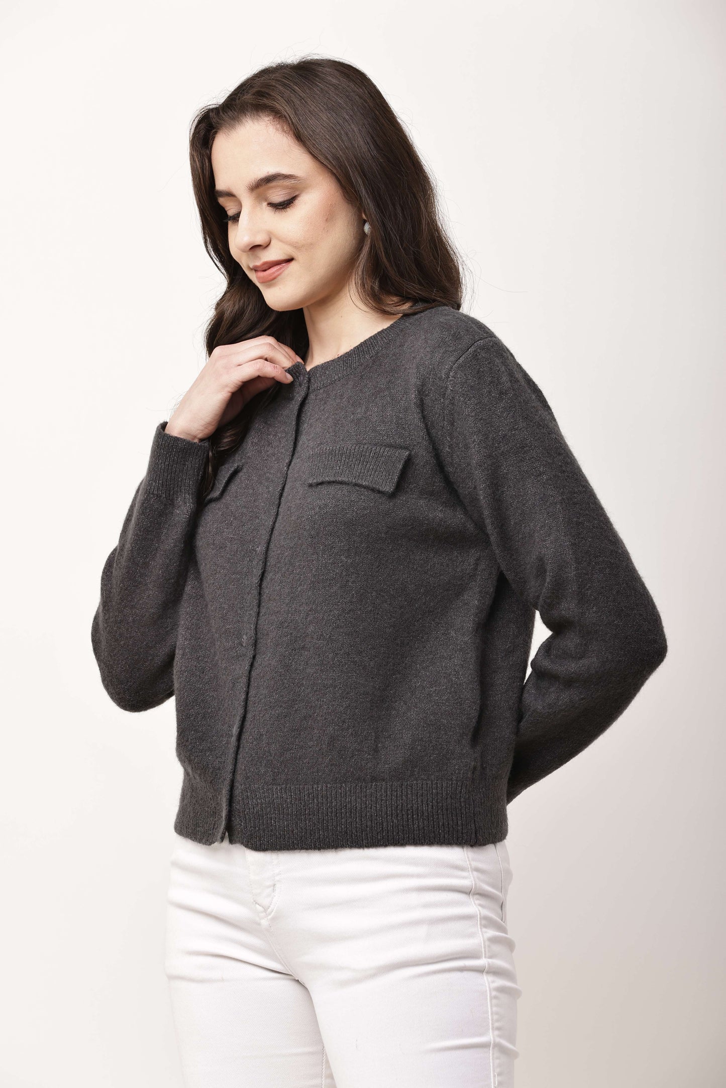 Navy Blue Button-Down Knit Cardigan for Women | Winter Wear