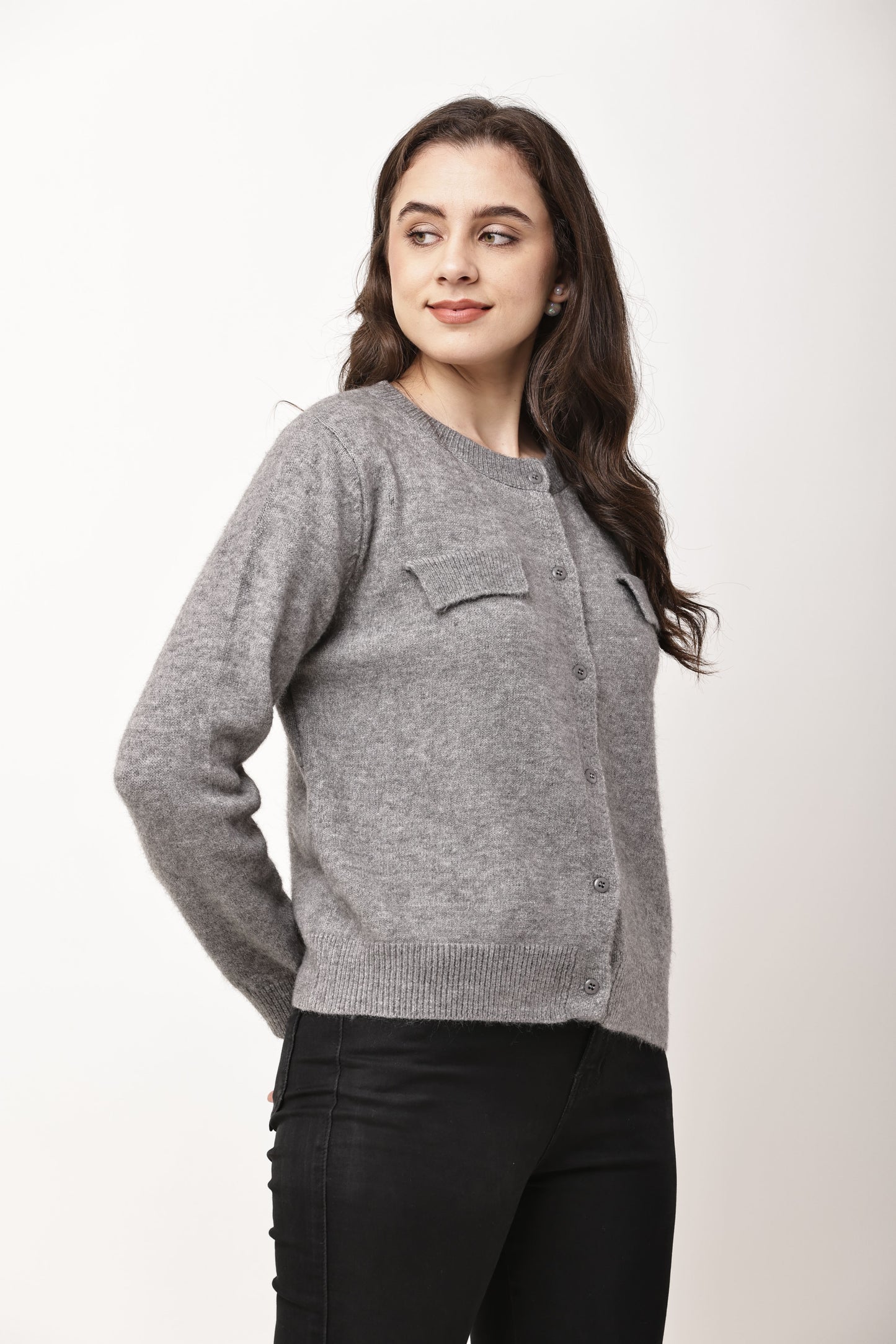 Navy Blue Button-Down Knit Cardigan for Women | Winter Wear
