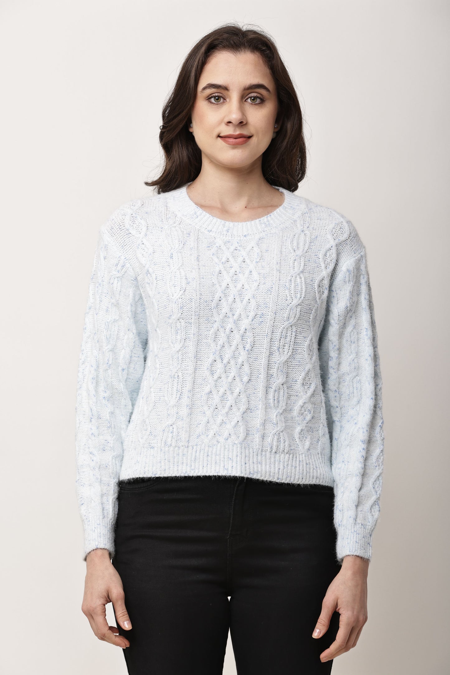 Women Light Blue Cable Knit Sweater