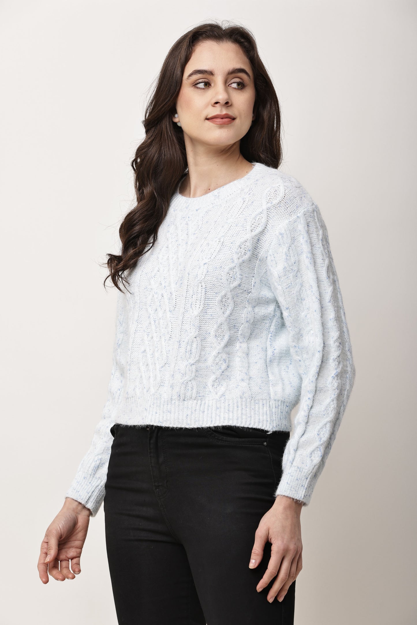 Women Light Blue Cable Knit Sweater