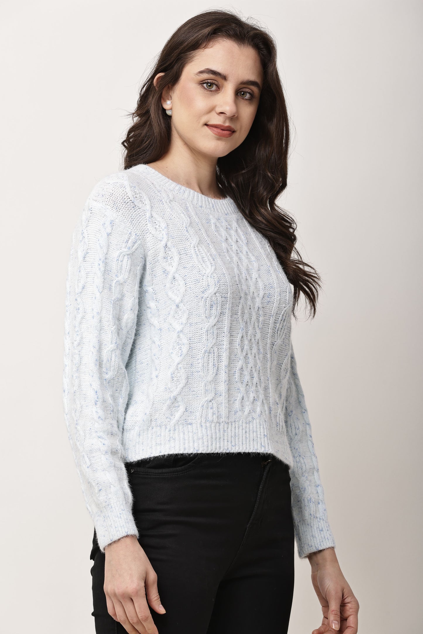 Women Light Blue Cable Knit Sweater