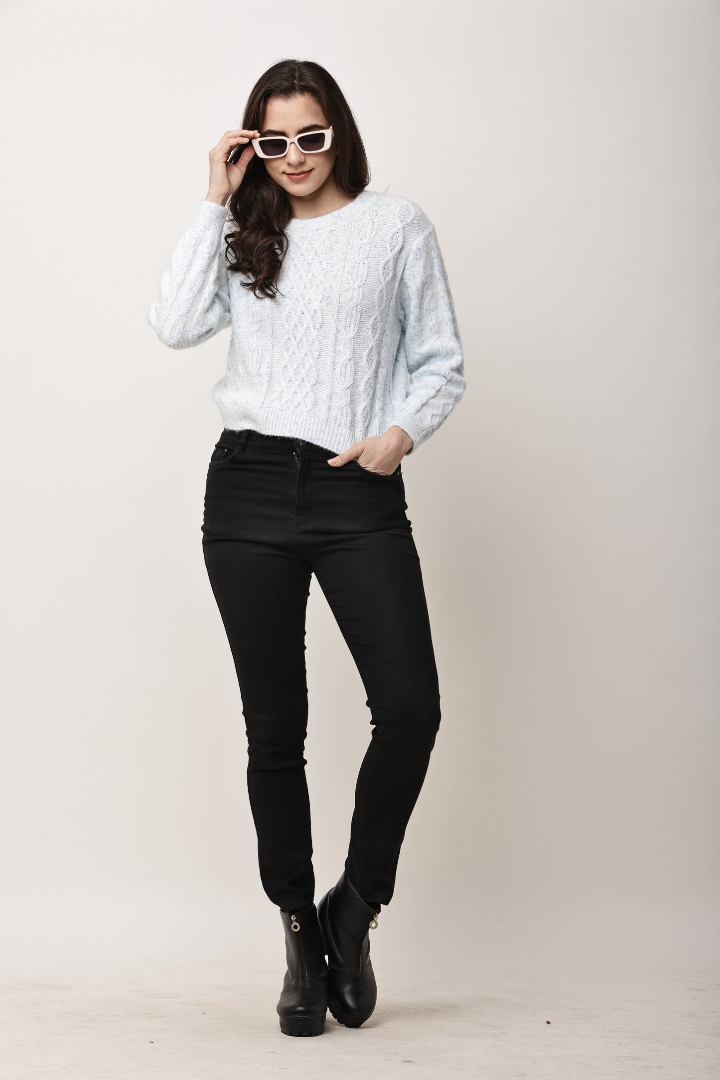 Women Light Blue Cable Knit Sweater