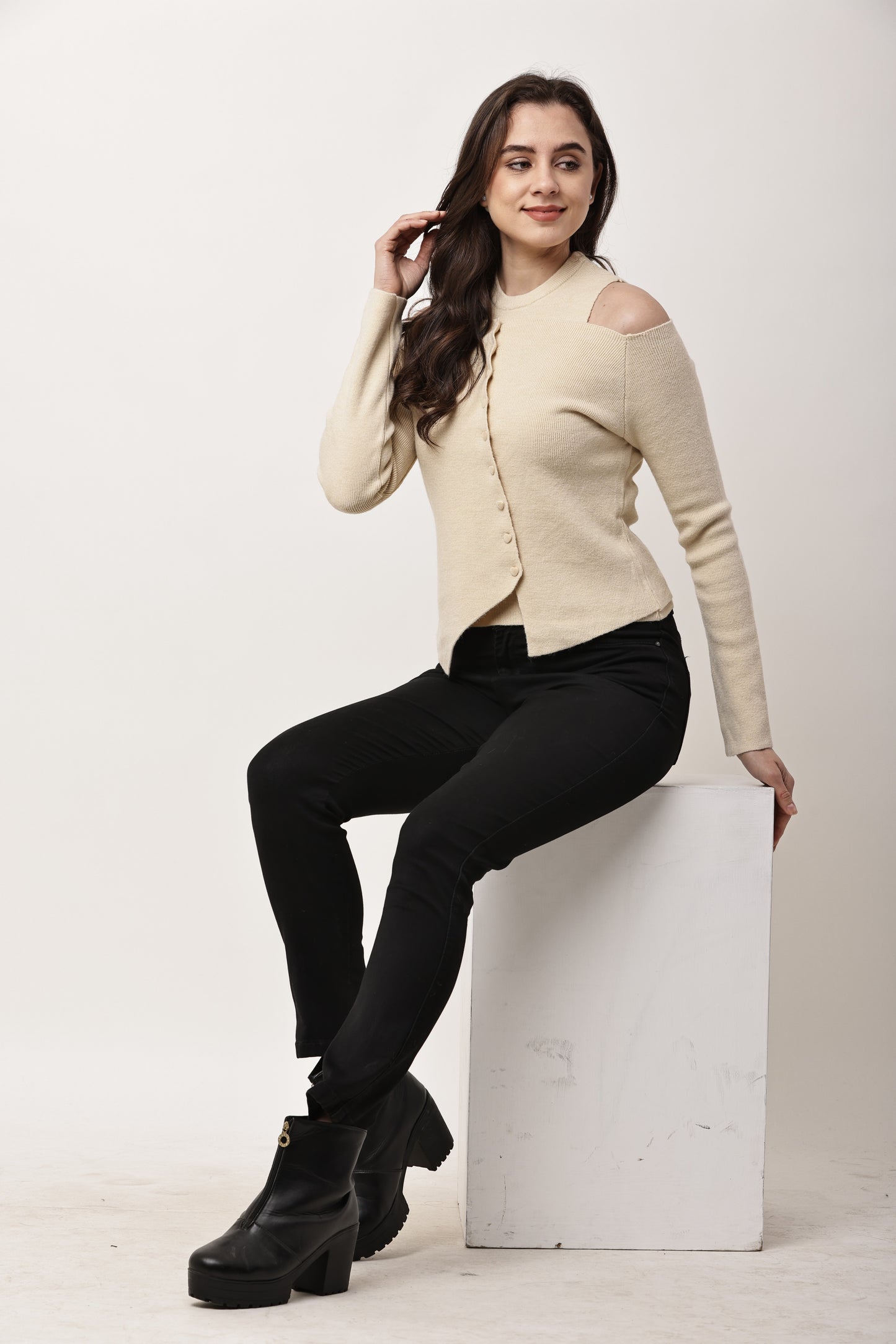 Korean Asymmetric Button Knit Two-Piece Set for Women | Cold Shoulder Top & Inner Layer