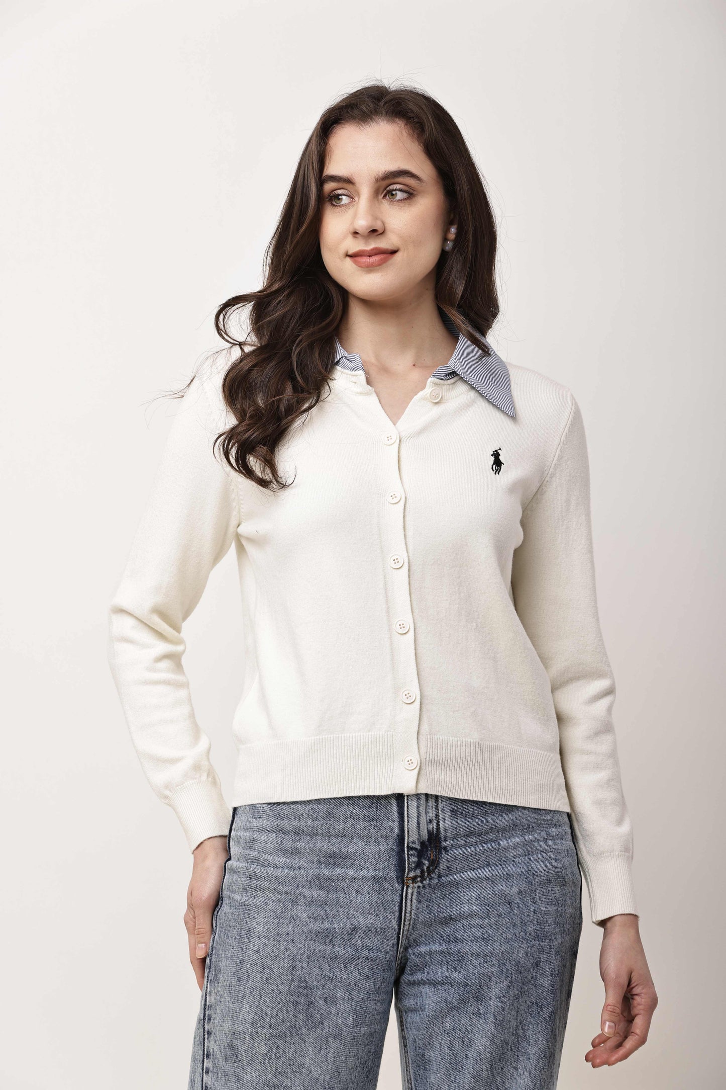 Black Button-Down Knit Cardigan for Women with Contrast Collar | Winter Top