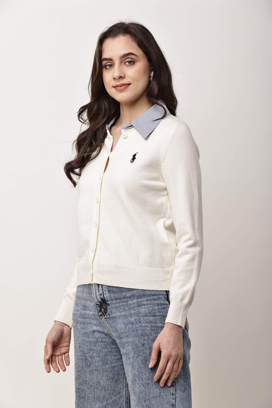 Black Button-Down Knit Cardigan for Women with Contrast Collar | Winter Top