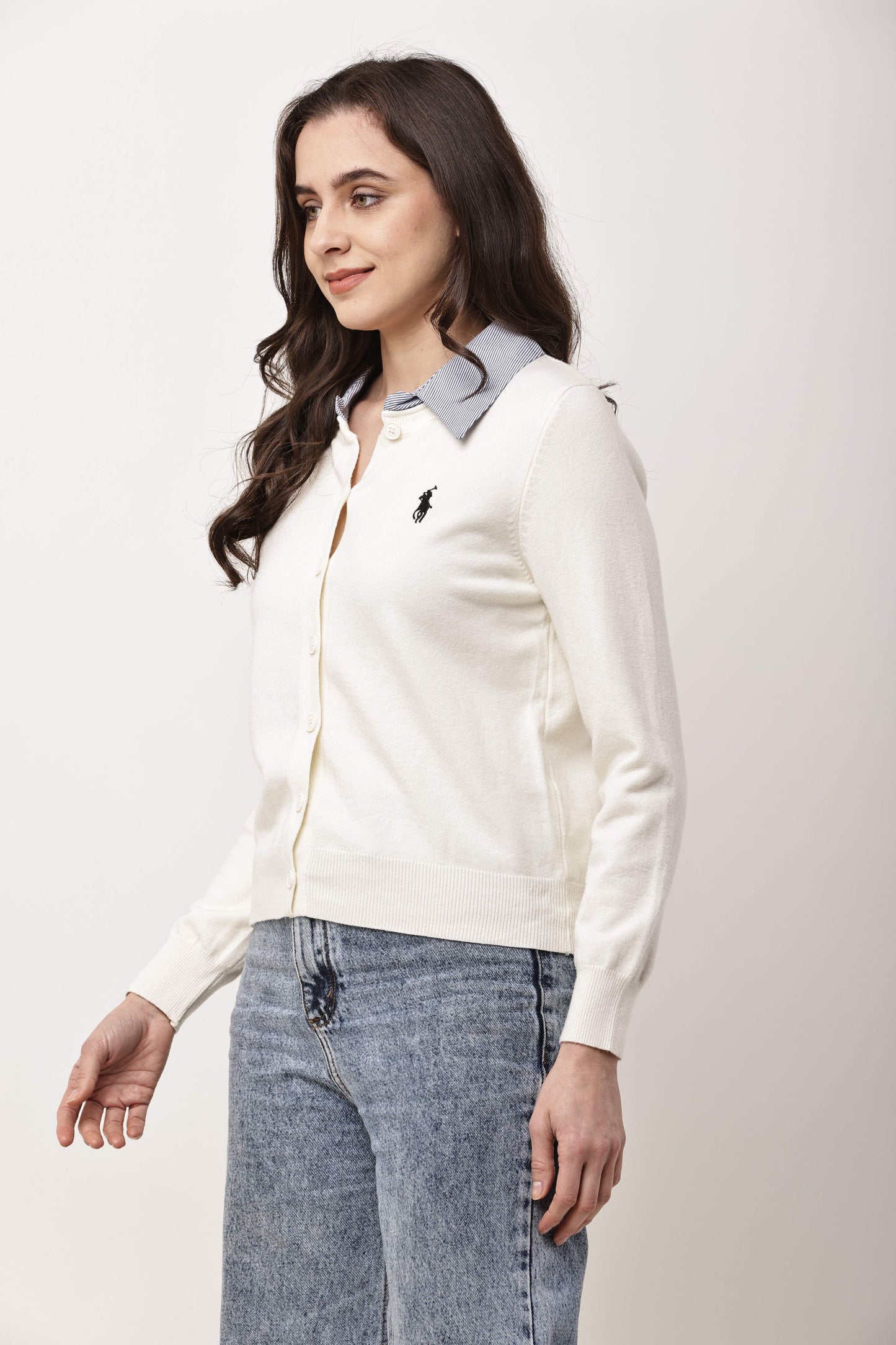 Black Button-Down Knit Cardigan for Women with Contrast Collar | Winter Top