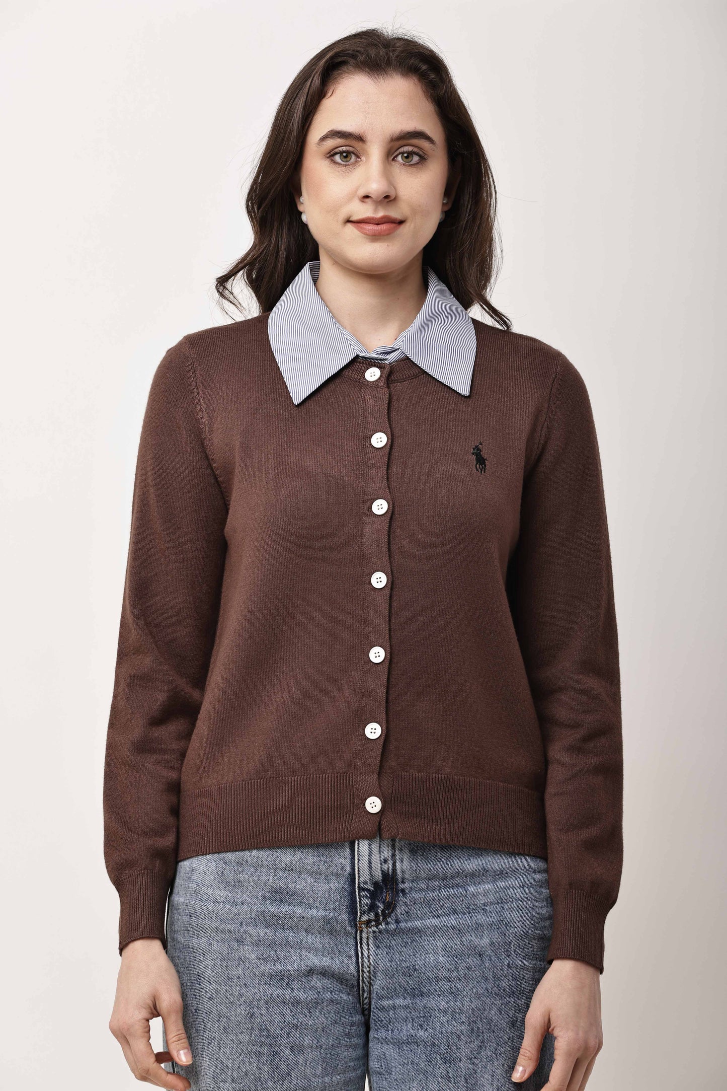 Black Button-Down Knit Cardigan for Women with Contrast Collar | Winter Top