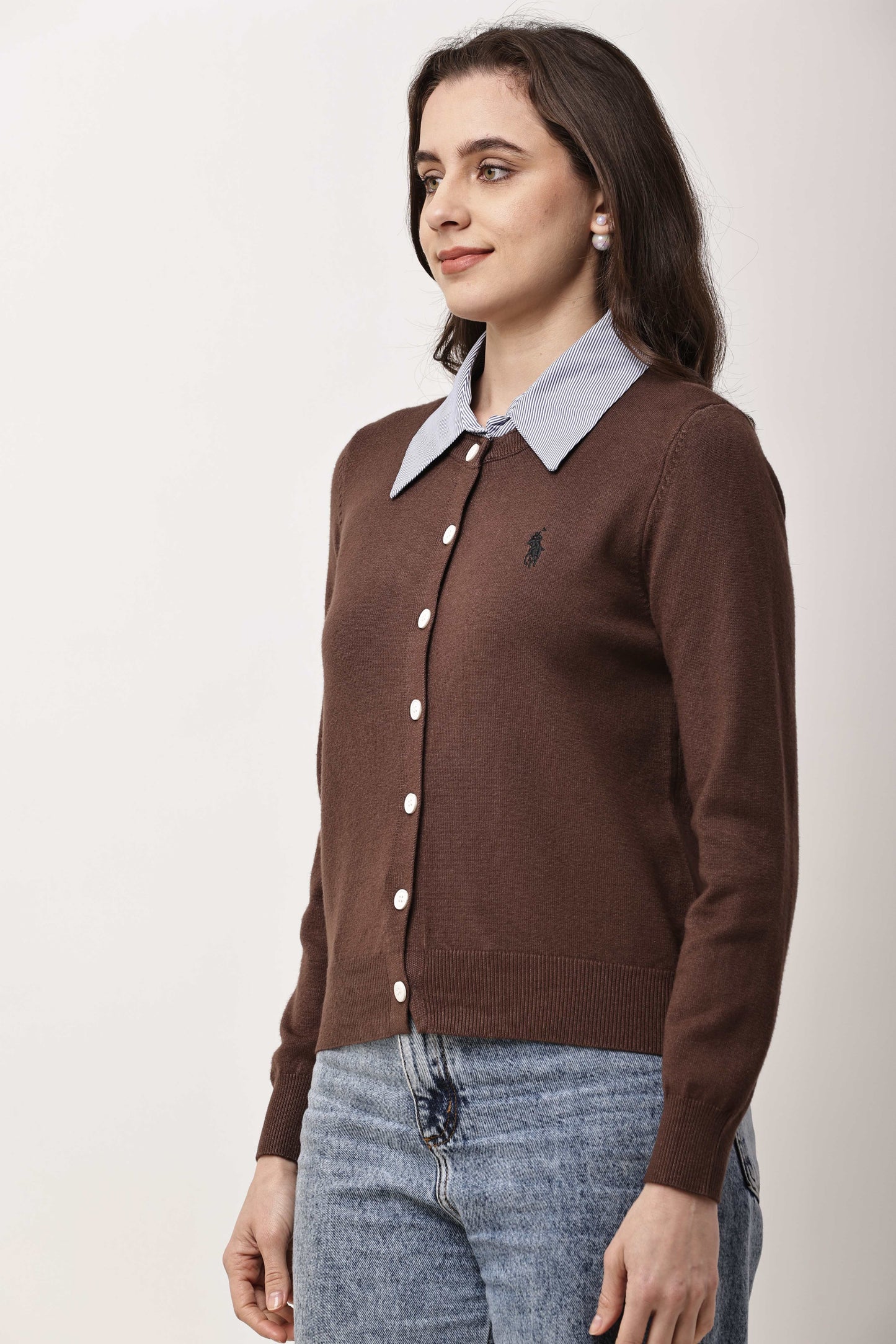 Black Button-Down Knit Cardigan for Women with Contrast Collar | Winter Top