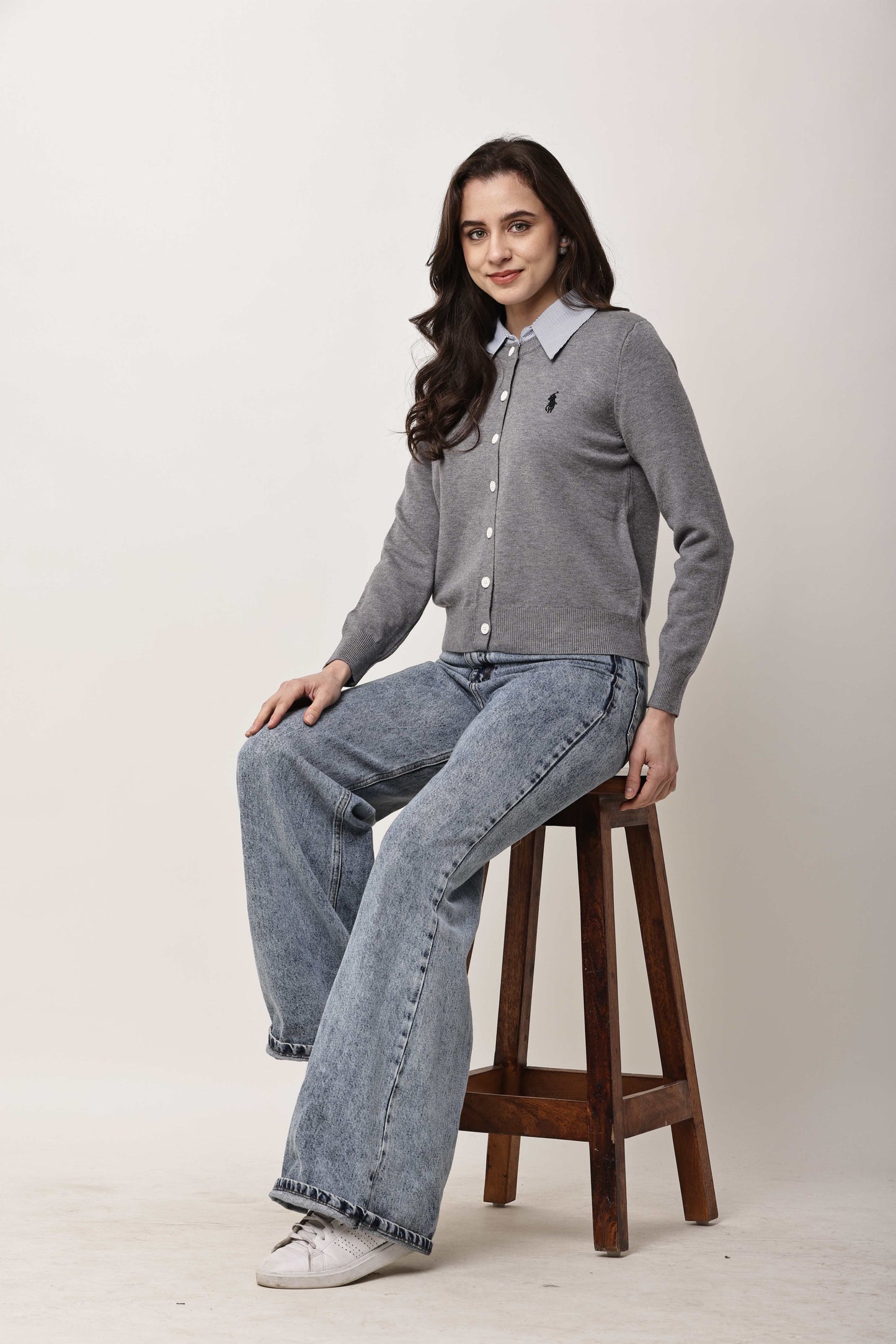 Black Button-Down Knit Cardigan for Women with Contrast Collar | Winter Top