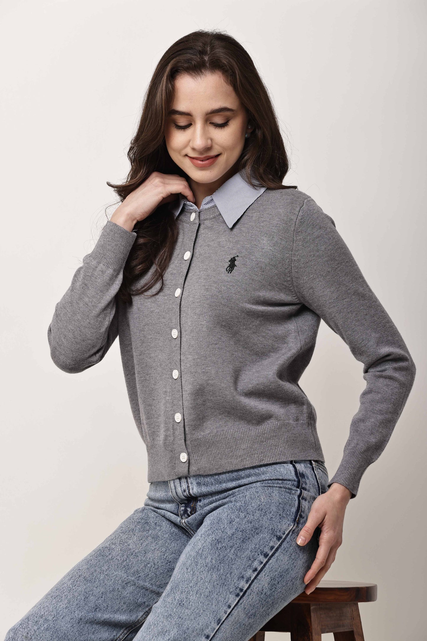 Black Button-Down Knit Cardigan for Women with Contrast Collar | Winter Top