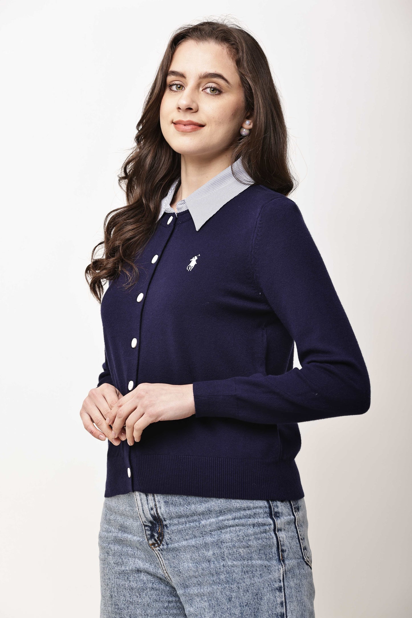 Black Button-Down Knit Cardigan for Women with Contrast Collar | Winter Top