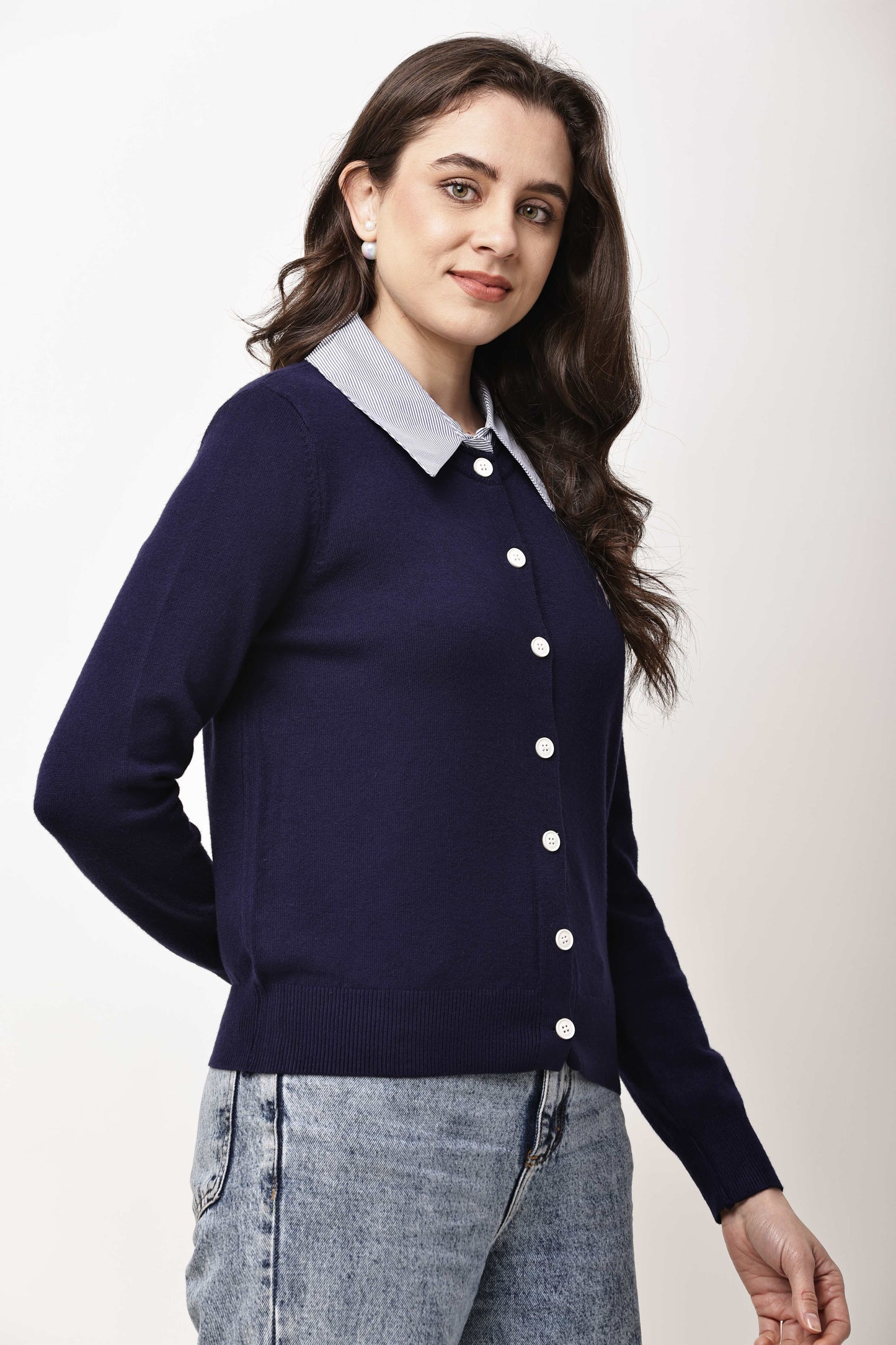 Black Button-Down Knit Cardigan for Women with Contrast Collar | Winter Top