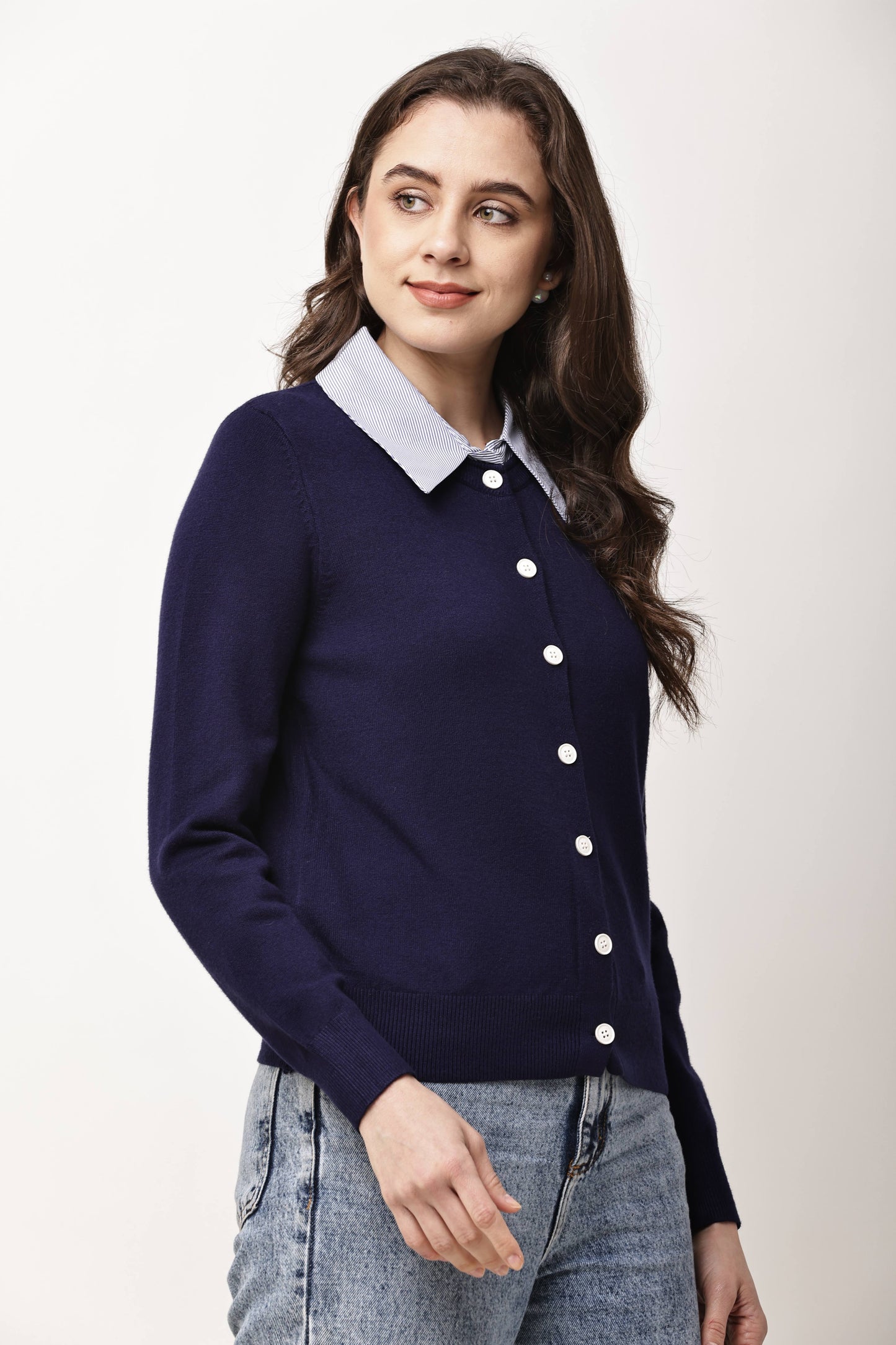 Black Button-Down Knit Cardigan for Women with Contrast Collar | Winter Top