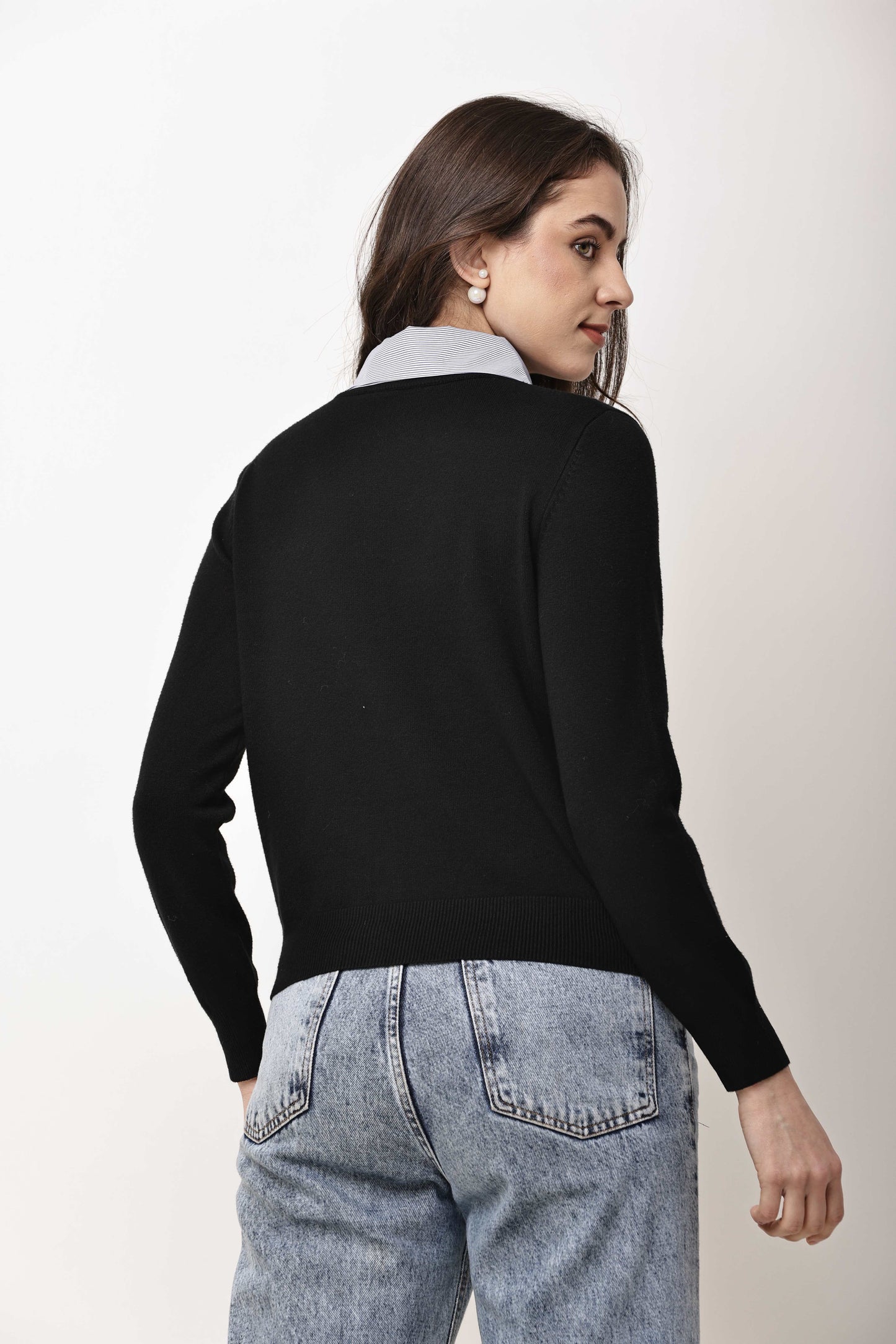 Black Button-Down Knit Cardigan for Women with Contrast Collar | Winter Top
