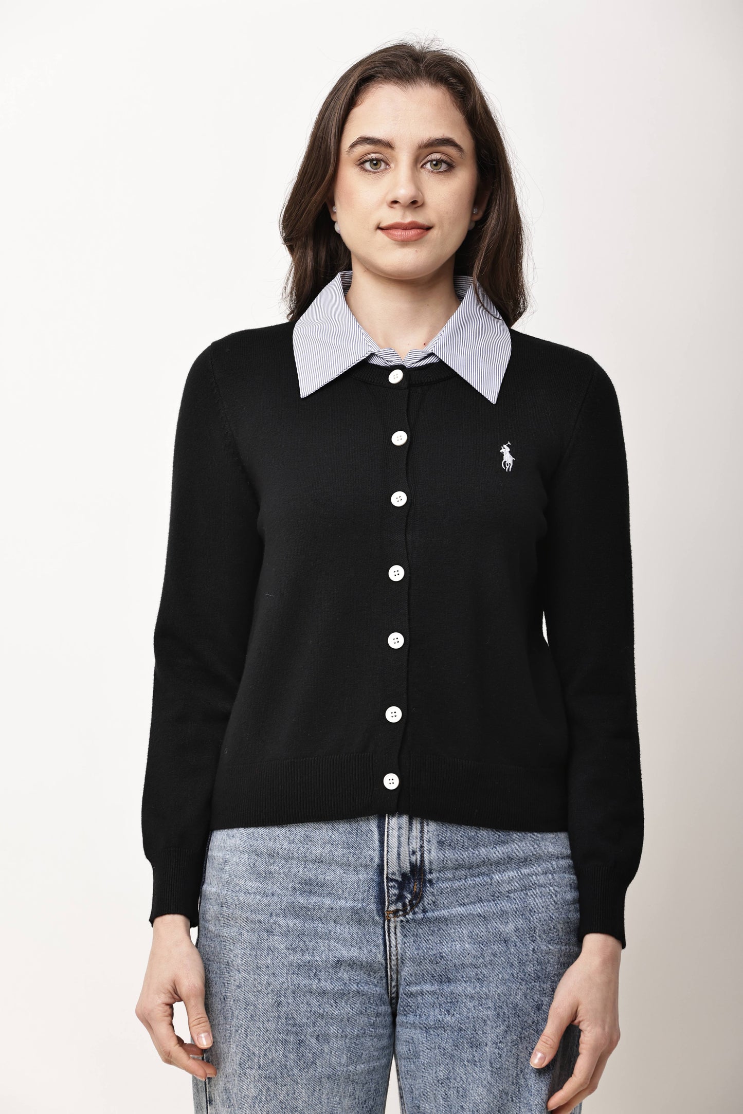 Black Button-Down Knit Cardigan for Women with Contrast Collar | Winter Top