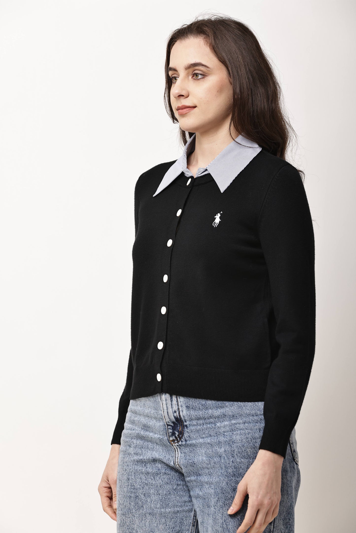 Black Button-Down Knit Cardigan for Women with Contrast Collar | Winter Top