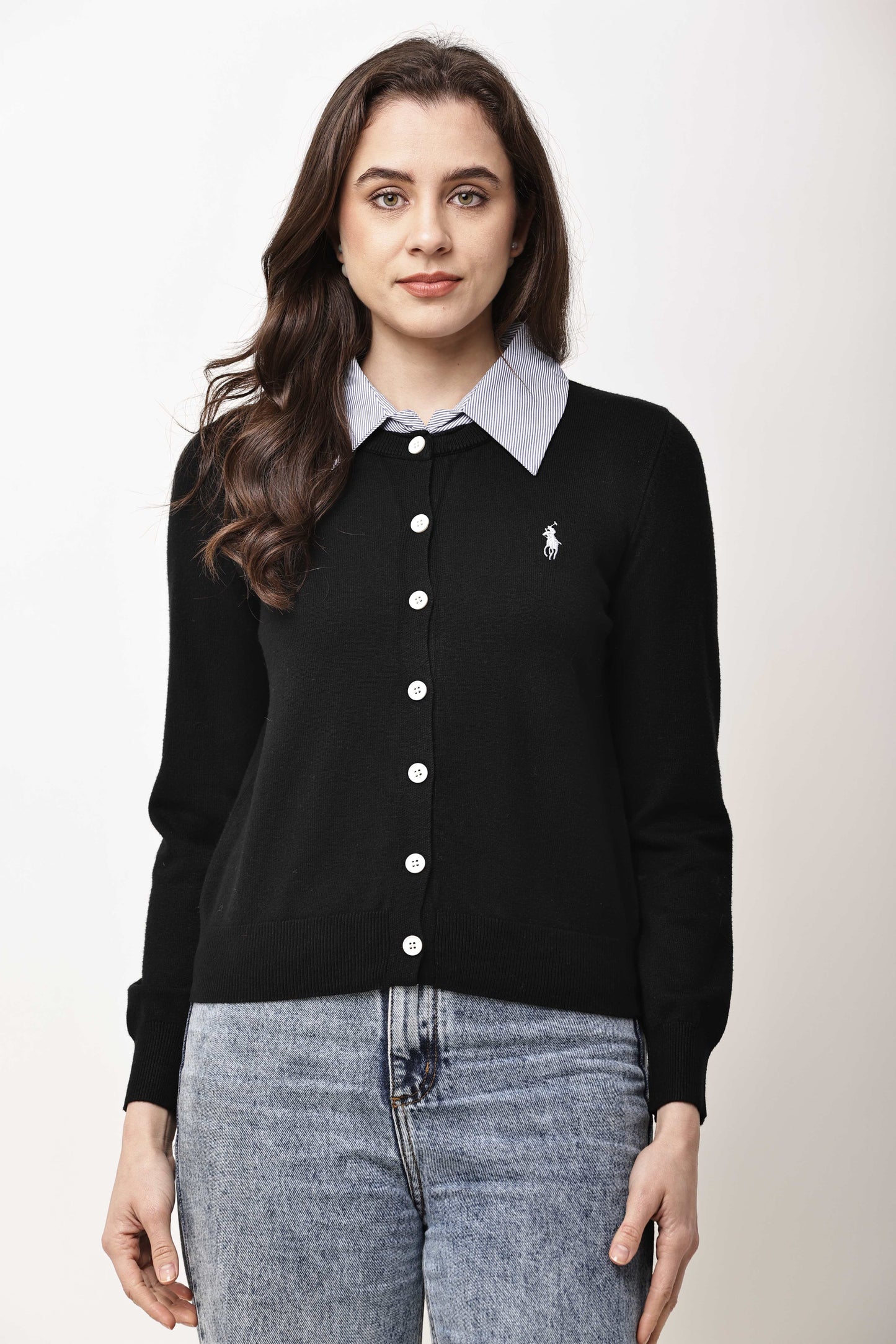 Black Button-Down Knit Cardigan for Women with Contrast Collar | Winter Top