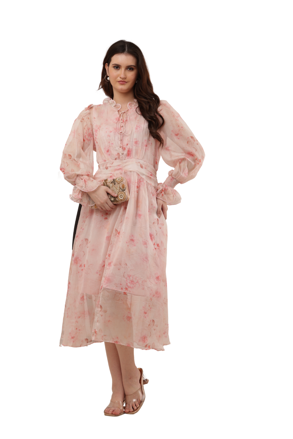 Elegant Floral Ruffle Midi Korean Dress – Sheer Organza | Korean Fashion Clothes